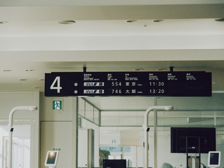 Airport departure board with flight information
