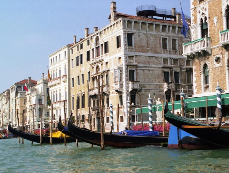A row of gondolas sitting on the side of a river
