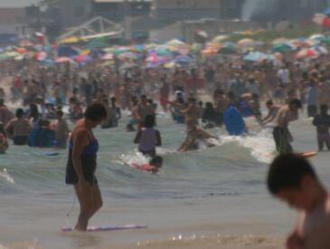 a group of people at a beach