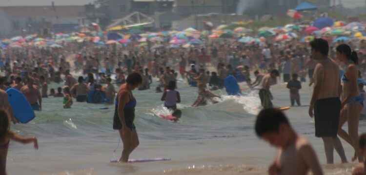 a group of people at a beach