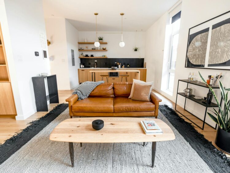 Stylish modern living room with a leather sofa, kitchen area, and decor elements.