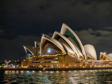 Sydney opera house at night with water reflections