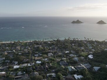 an aerial view of a small town by the ocean