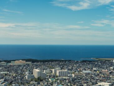 a view of a city with a body of water in the background