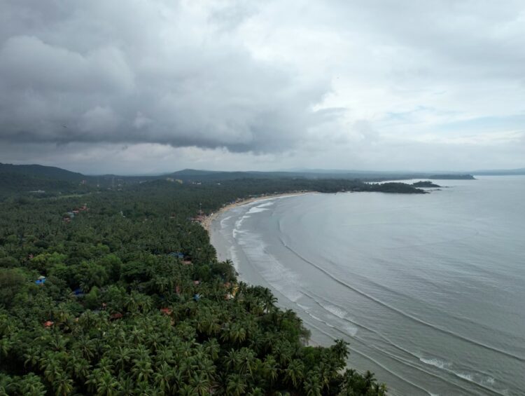 An aerial view of a beach and a body of water